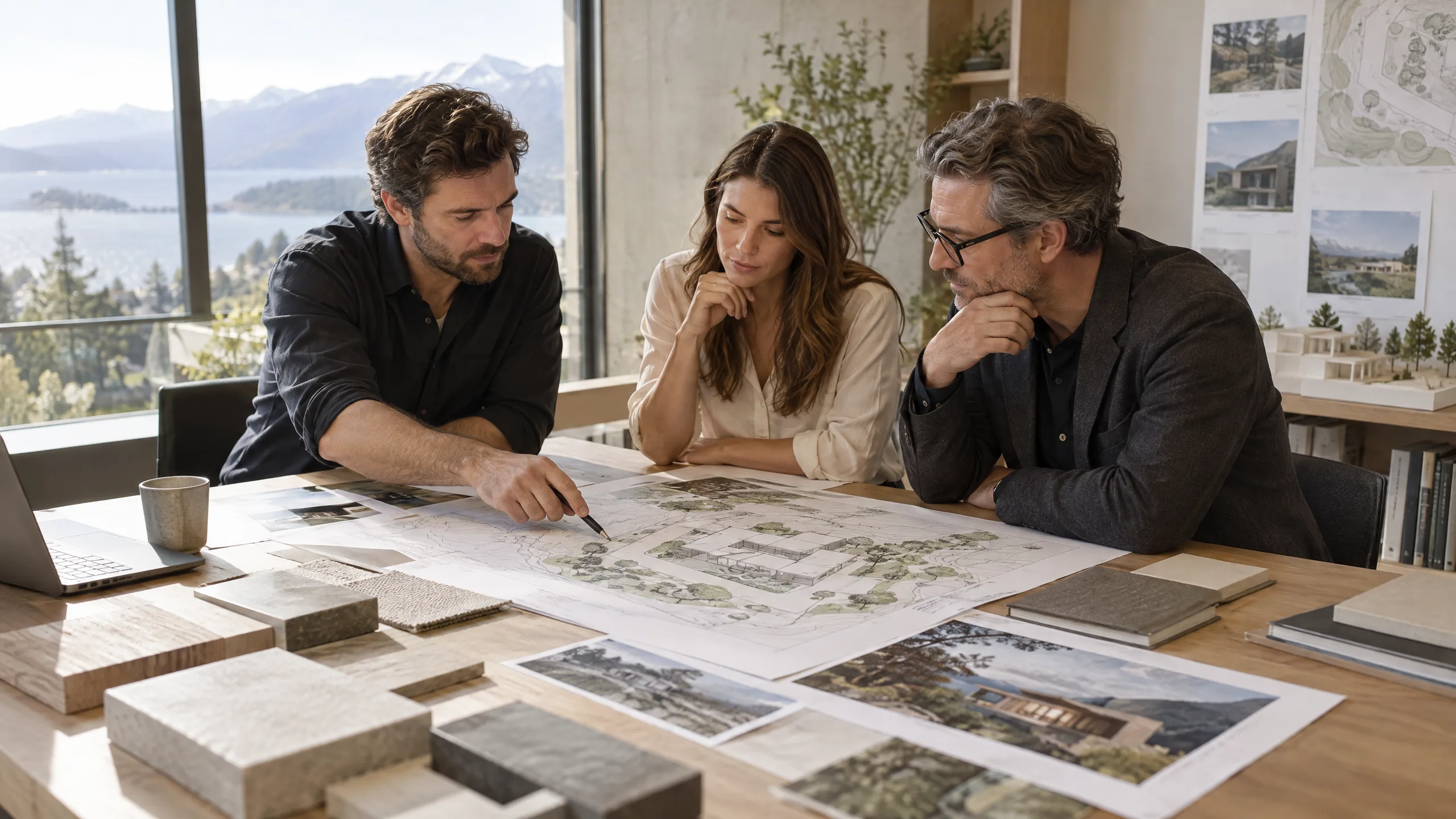 Cliente y arquitectos revisan planos y muestras para definir el encargo del proyecto