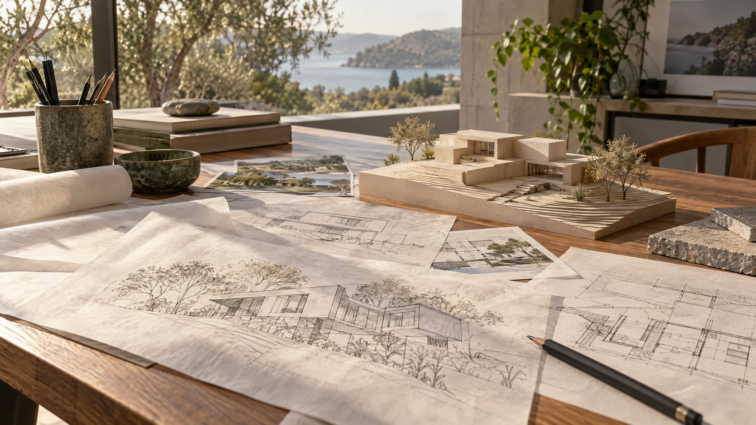 Bocetos y maqueta para desarrollar el concepto arquitectónico