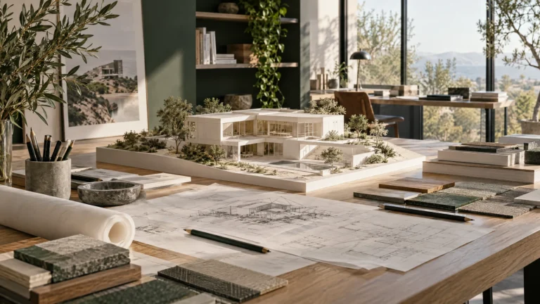 Mesa de estudio con maqueta de vivienda, bocetos y muestras durante el proceso del diseño arquitectónico