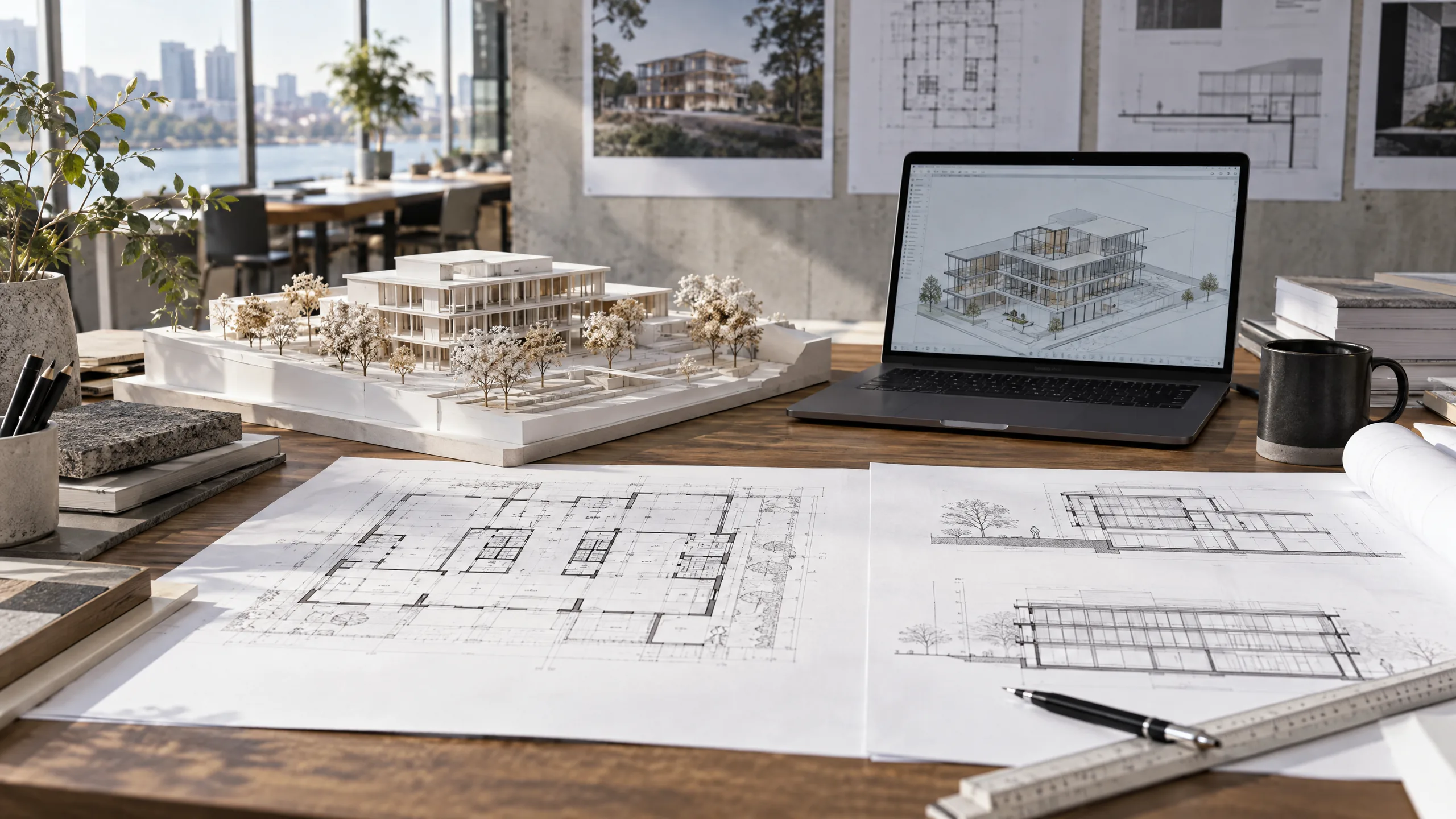 Planos técnicos junto a maqueta y modelo digital del edificio