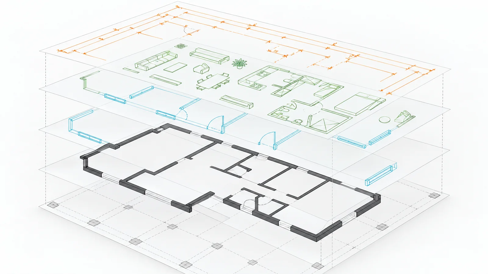 Ilustración de capas arquitectónicas separadas para organizar capas en AutoCAD.