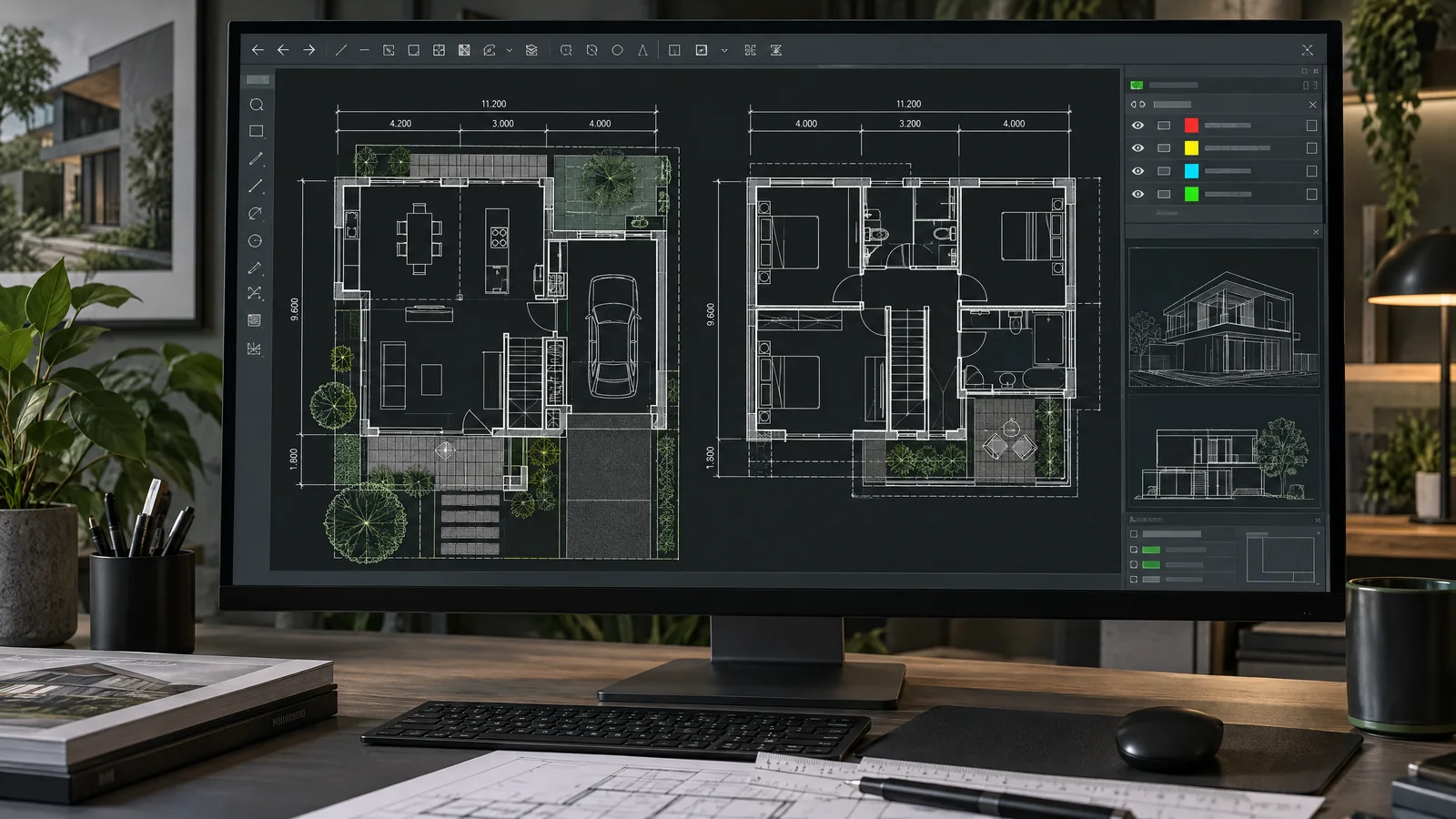 Vista de un plano arquitectónico para organizar capas en AutoCAD por disciplina y color.