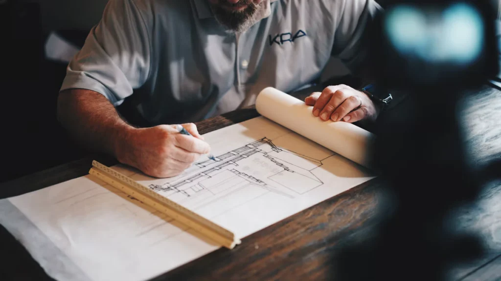 Arquitecto revisando un plano sobre una mesa en teoría de la arquitectura